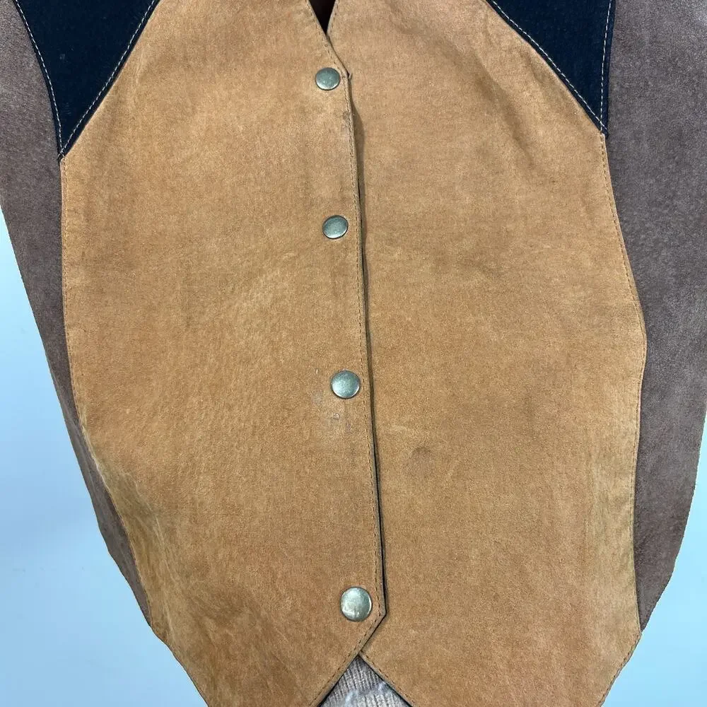 Y2K Vtg Suede Vest Mens L Womens XL Leather Colorblock Western Cowboy Cowgirl